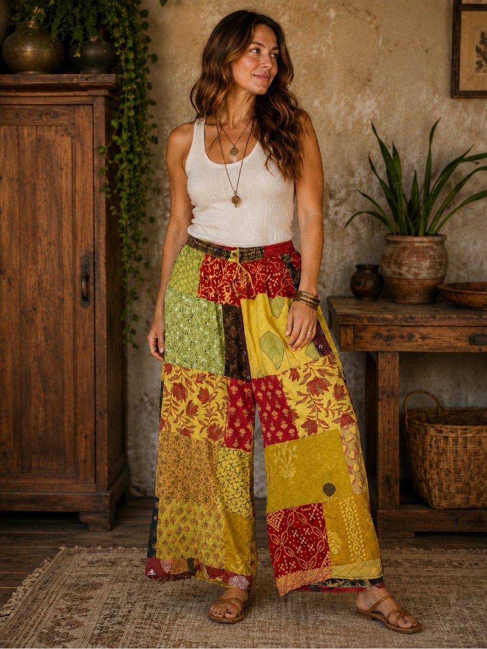 Kantha Patchwork Wide Leg Boho Pants One Size M L XL NEW